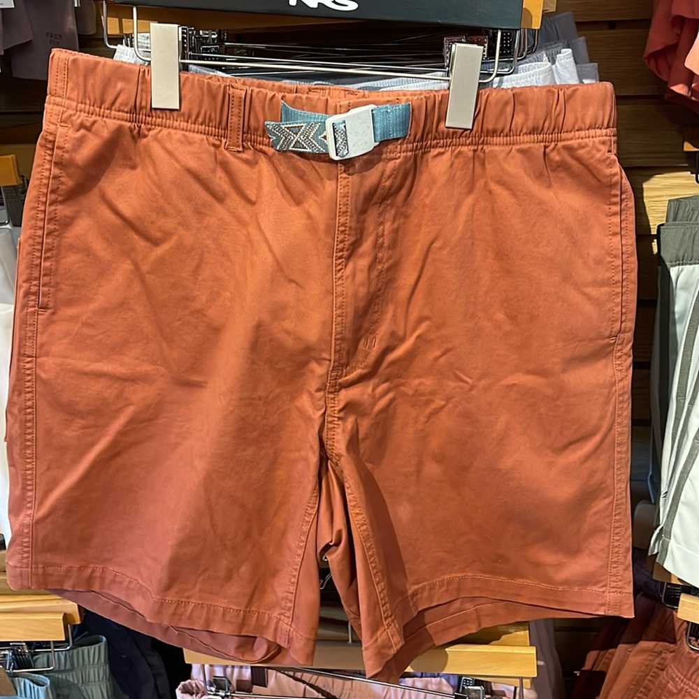 Kavu Rust Orange Athletic Shorts with Light Blue Webbing Belt